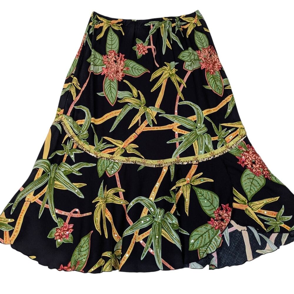 Y2K Vintage Faith Resortwear Tropical Print Sequin Skirt Black Size M